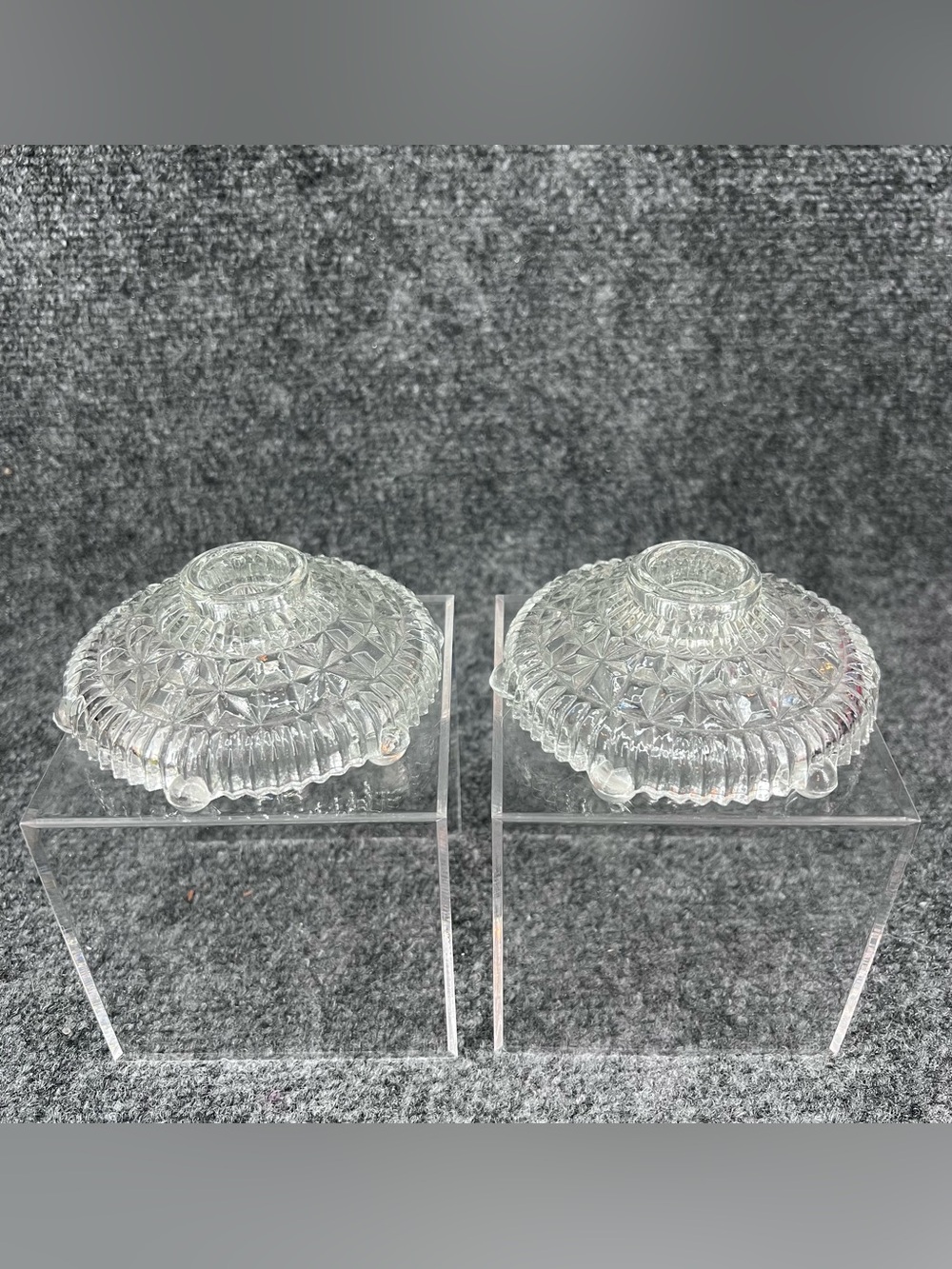 2 Vtg Anchor Hocking Clear Cut Glass Stars & Bars Taper Candle Holders 4” Each